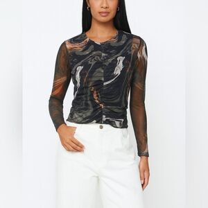 Bailey 44 Abstract Mesh Ruched Top – Long Sleeve, Sheer Print, Size M